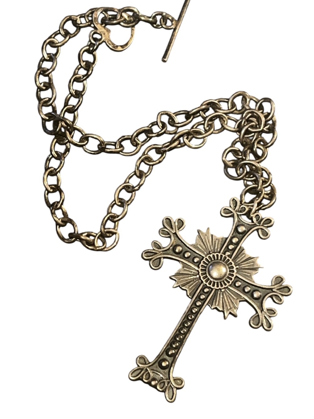 Vintage Armenian Sterling Silver Cross Pendant Chain Toggle Necklace 16”